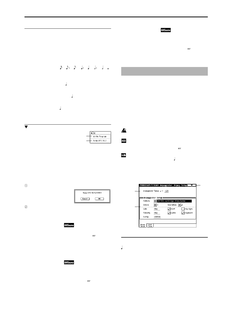 5–2: osc1 lfo2, 5–3: osc2 lfo1, 5–4: osc2 lfo2 | Program p7: edit–arpeggiator, 7–1: arpeg. setup, Osc1 lfo2 (for oscillator 1) settings, Osc2 lfo1 (for oscillator 2) settings, Osc2 lfo2 (for oscillator 2) settings, Select an arpeggio pattern and make | KORG Triton Studio User Manual | Page 37 / 322