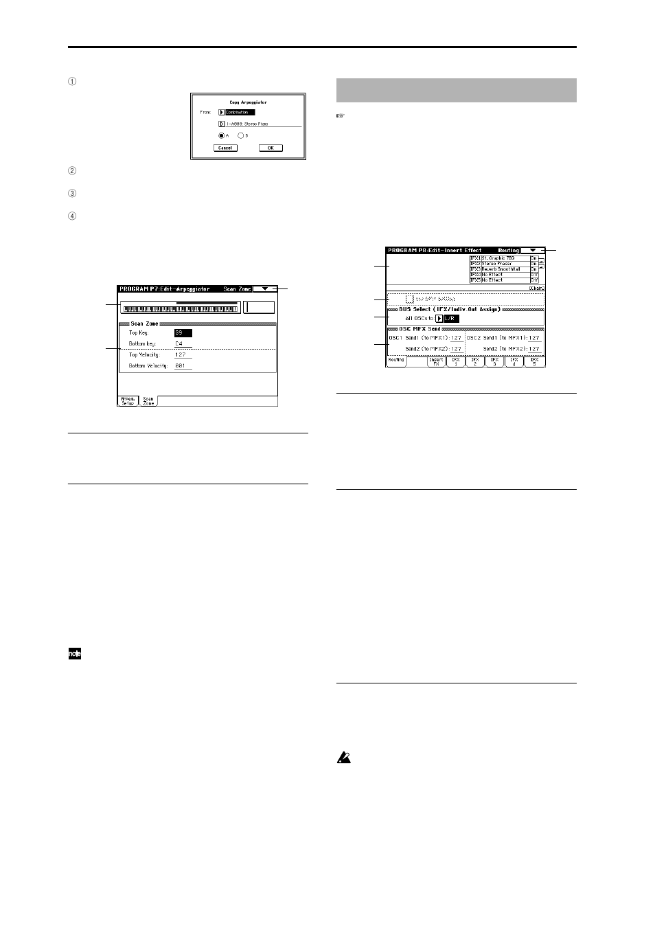 7–2: scan zone, Program p8: edit–insert effect, 8–1: routing | Specify the note and velocity ranges that, Specify the oscillator output bus and set | KORG Triton Studio User Manual | Page 39 / 322