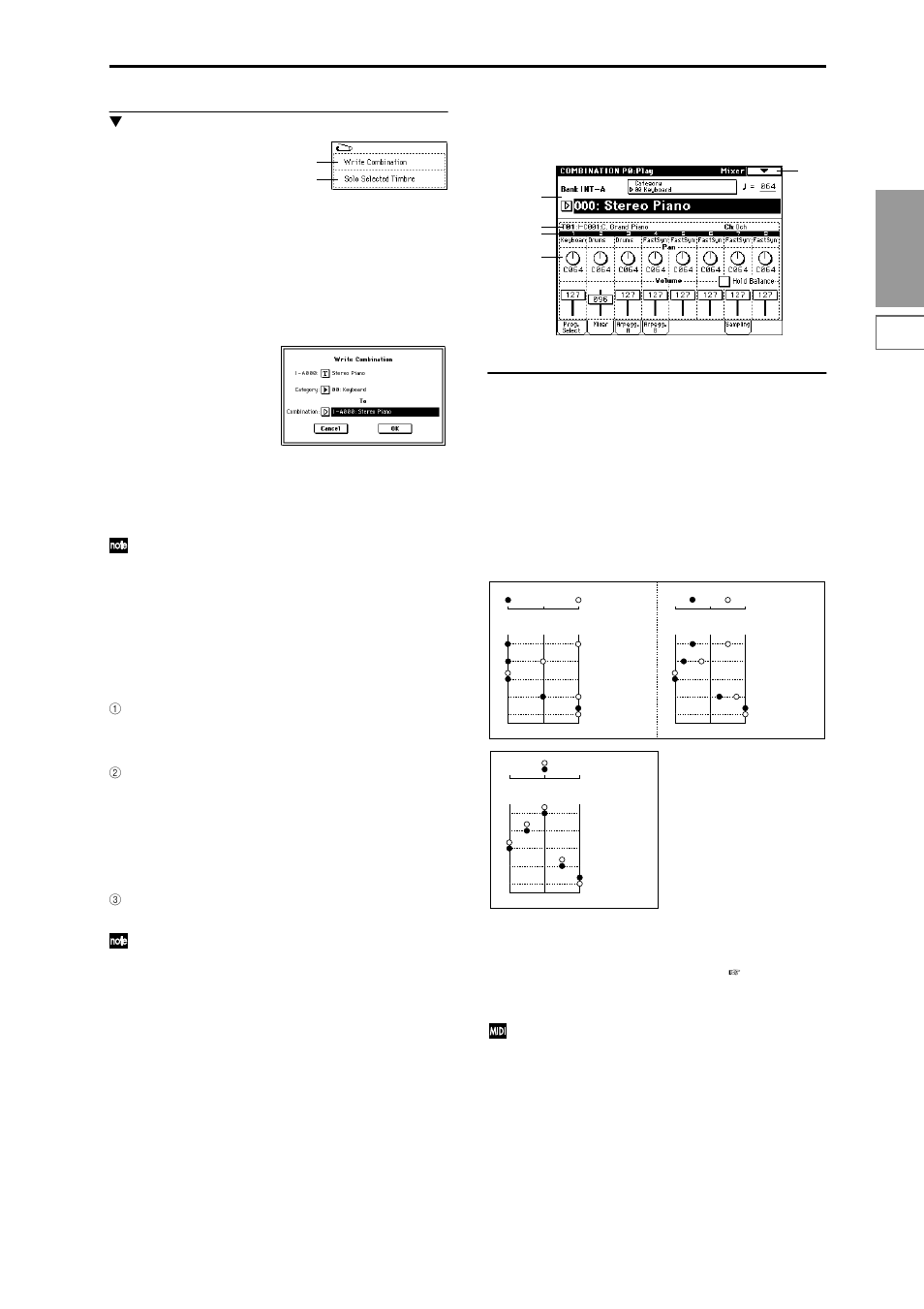 0–2: mixer, Specify pan and level, 0–1: page menu command | 0–2a: program category, pan, volume, hold balance, 0–1a: write combination, 0–1b: solo selected timbre, Program category | KORG Triton Studio User Manual | Page 46 / 322
