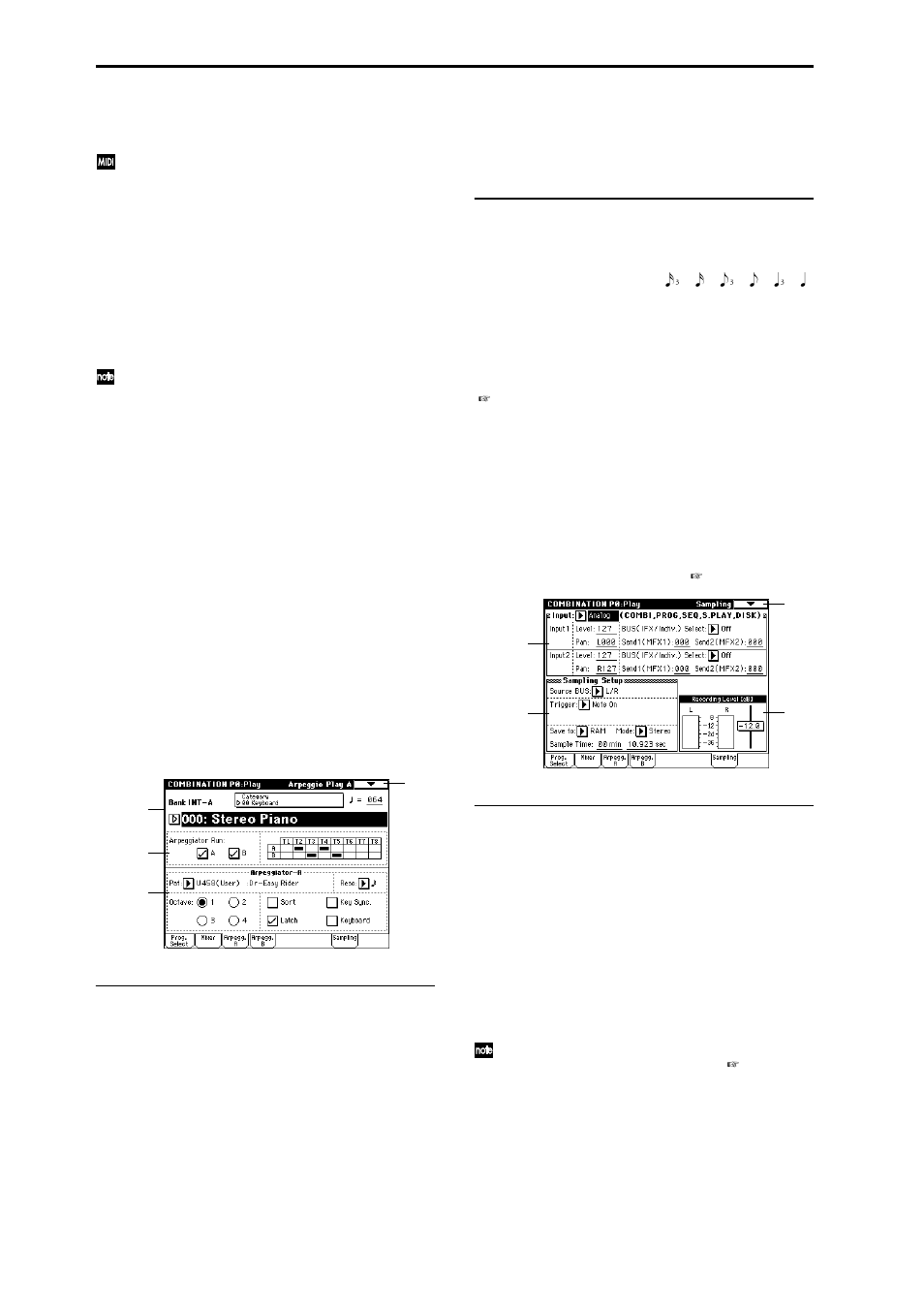 0–3: arpegg. a (arpeggio play a), 0–4: arpegg. b (arpeggio play b), 0–5: sampling | 0–3: arpegg. a, Select an arpeggio pattern and make, 0–4: arpegg. b, Perform sampling; make audio input | KORG Triton Studio User Manual | Page 47 / 322