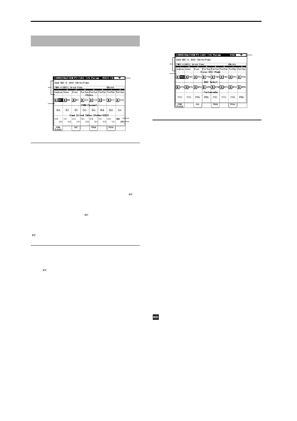 Combination p2: edit–trk param, 2–1: midi channel (midi ch), 2–2: osc | 2–1: midi channel, Specify midi channel and status for each, Make settings such as mono/poly and | KORG Triton Studio User Manual | Page 49 / 322