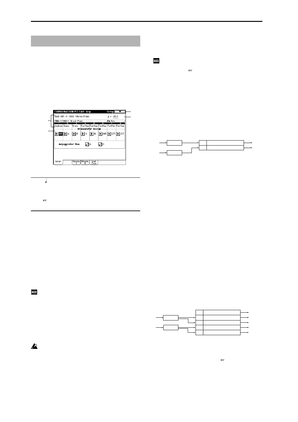 Combination p7: edit–arp, 7–1: setup, Assign arpeggiators to each timbre | 7–1b: arpeggiator assign, arpeggiator run, Arpeggiator assign [off, a, b, Arpeggiator run a, b | KORG Triton Studio User Manual | Page 55 / 322
