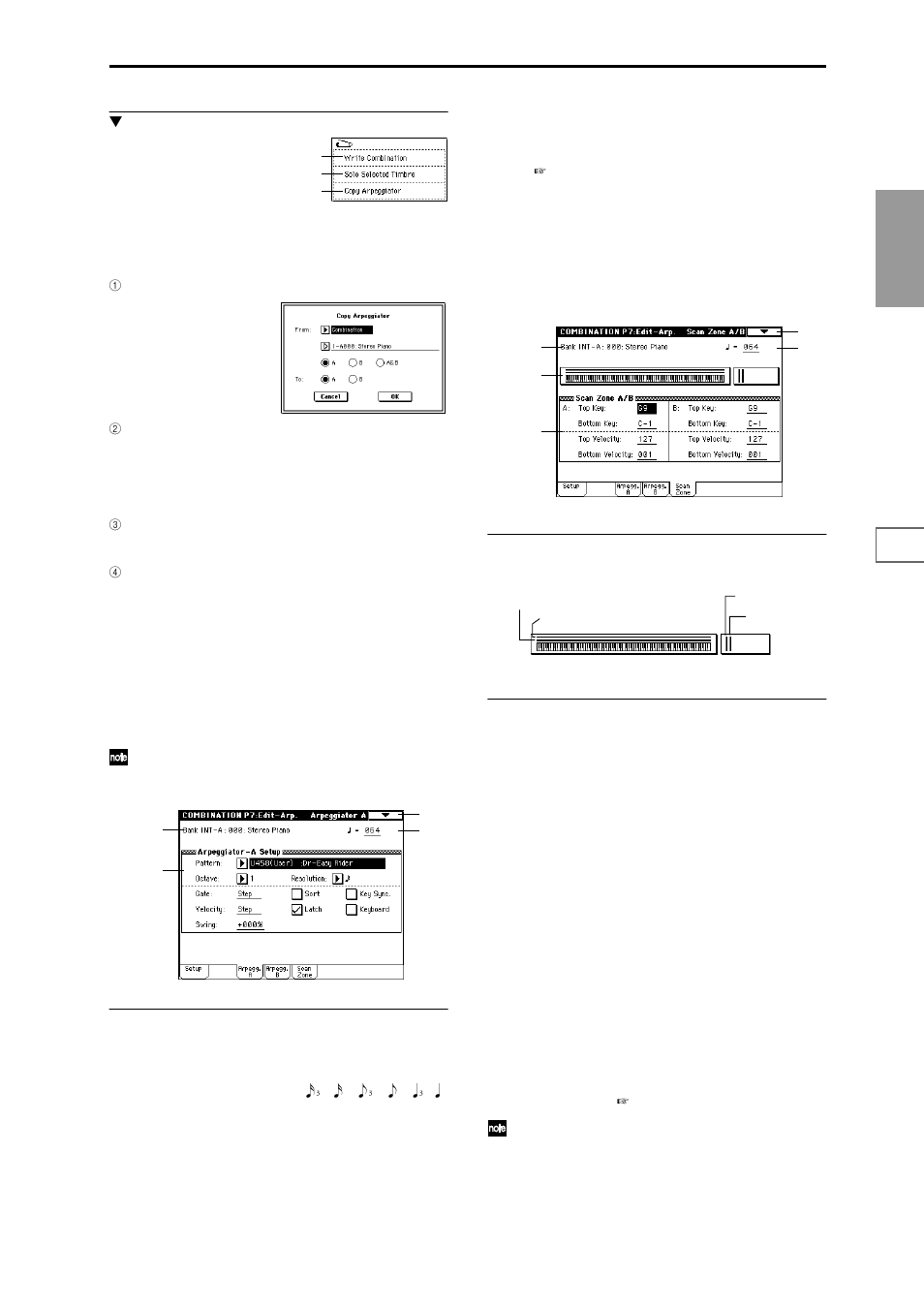 7–2: arpegg. a (arpeggiator a), 7–3: arpegg. b (arpeggiator b), 7–4: scan zone (scan zone a/b) | 7–2: arpegg. a, Select an arpeggio pattern and make, 7–3: arpegg. b, 7–4: scan zone, Specify the ranges of notes and velocities | KORG Triton Studio User Manual | Page 56 / 322