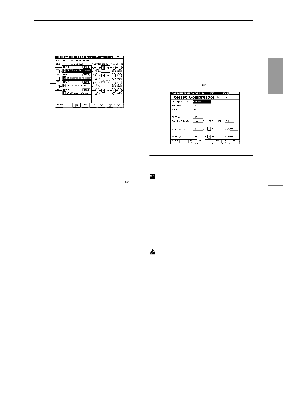 8–2: insert fx, 8–3: ifx 1, 8–4: ifx 2 | 8–5: ifx 3, 8–6: ifx 4, 8–7: ifx 5, Select insert effects, turn them on/off, and, Parameter settings for ifx1, Parameter settings for ifx2, Parameter settings for ifx3 | KORG Triton Studio User Manual | Page 58 / 322