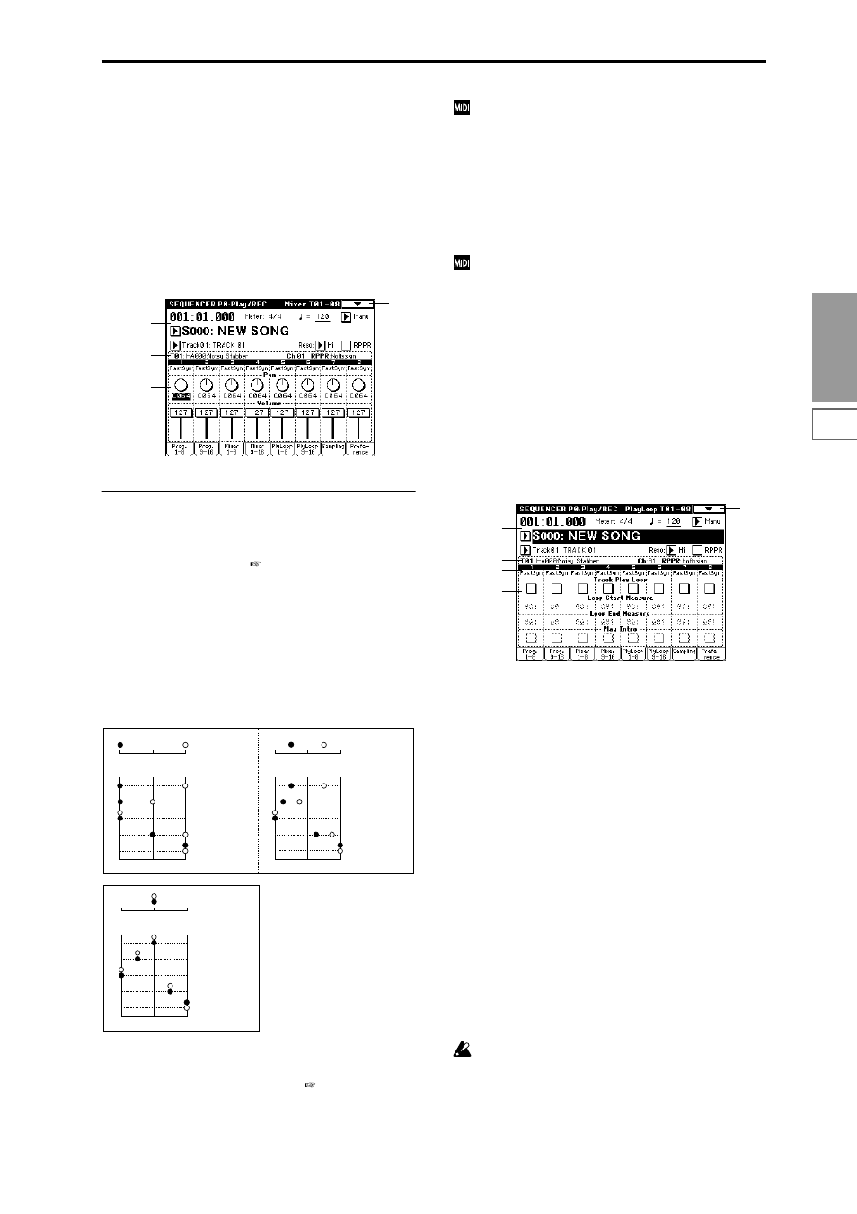 0–3: mixer 1–8 (mixer t01–08), 0–4: mixer 9–16 (mixer t09–16), 0–5: plyloop 1–8 (playloop t01–08) | 0–6: plyloop 9–16 (playloop t09–16), 0–3: mixer 1–8, Pan and volume settings for each track, 0–4: mixer 9–16, 0–5: plyloop 1–8, Loop track settings for each track, 0–6: plyloop 9–16 | KORG Triton Studio User Manual | Page 66 / 322
