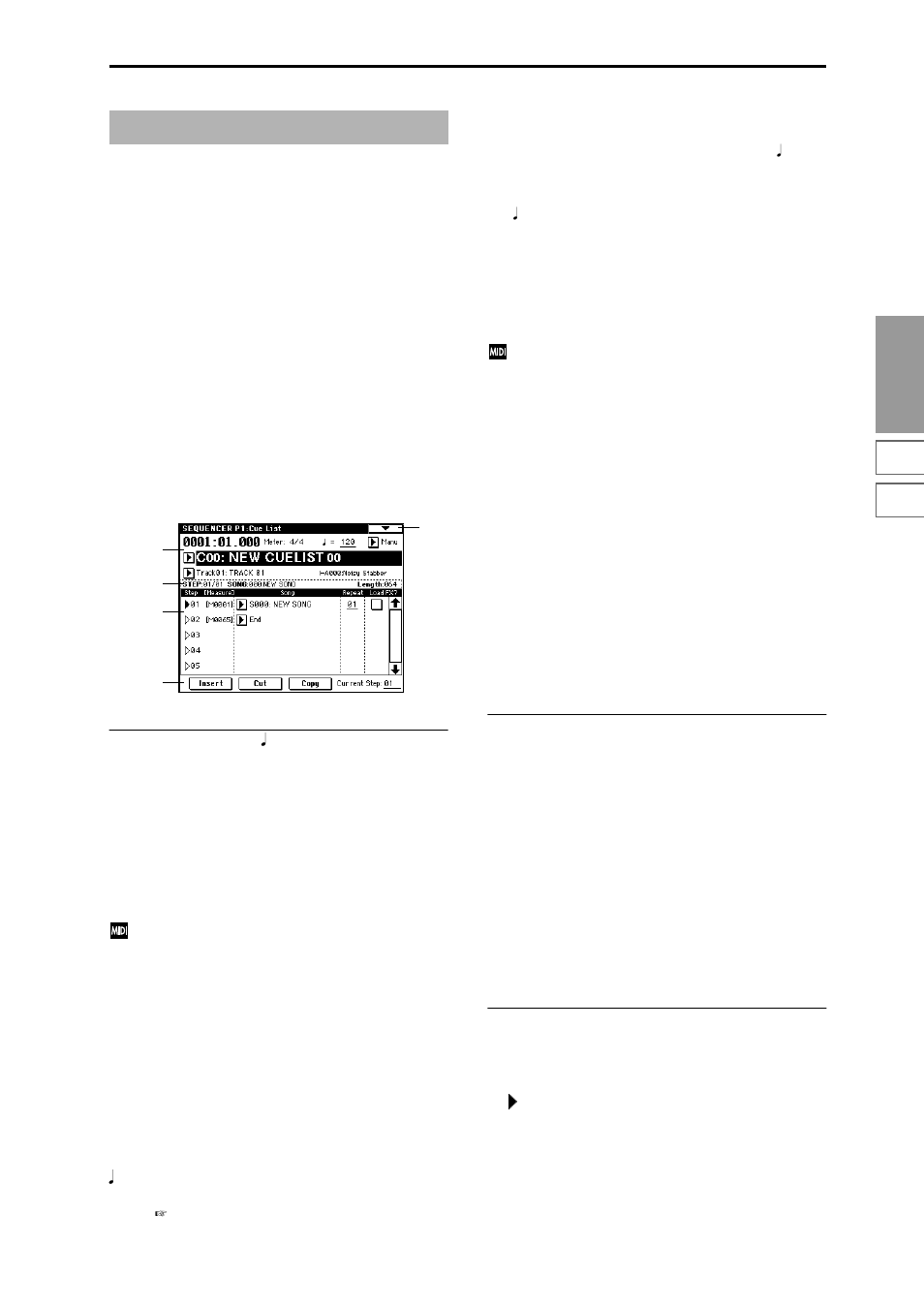 Sequencer p1: cue list, 1–1: cue list, Create and play back a cue list | KORG Triton Studio User Manual | Page 70 / 322