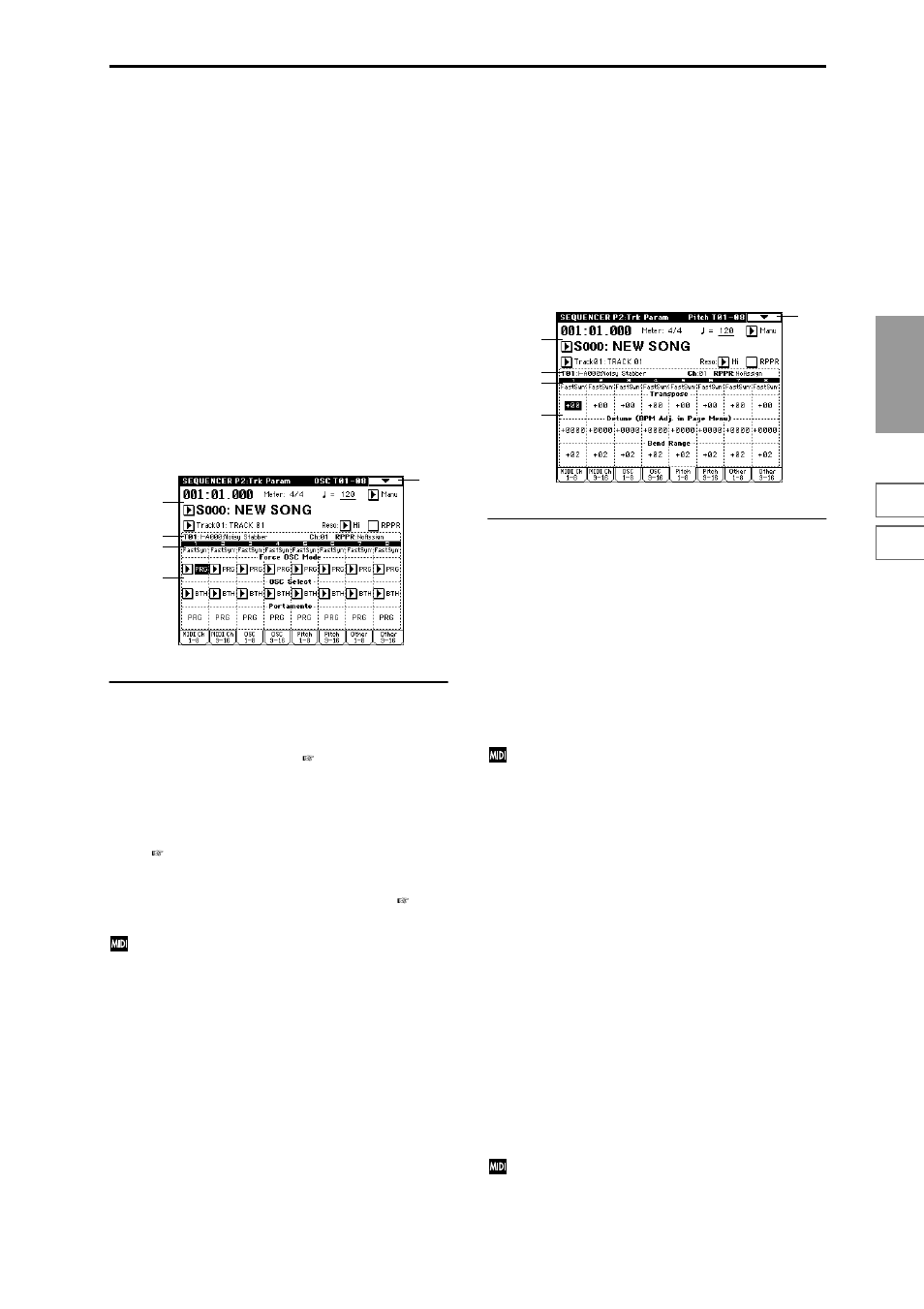 2–3: osc 1–8 (osc t01–08), 2–4: osc 9–16 (osc t09–16), 2–5: pitch 1–8 (pitch t01–08) | 2–6: pitch 9–16 (pitch t09–16), 2–3: osc 1–8, Mono/poly and portamento settings etc, 2–4: osc 9–16, 2–5: pitch 1–8, Pitch-related settings (transpose, pitch, 2–6: pitch 9–16 | KORG Triton Studio User Manual | Page 74 / 322