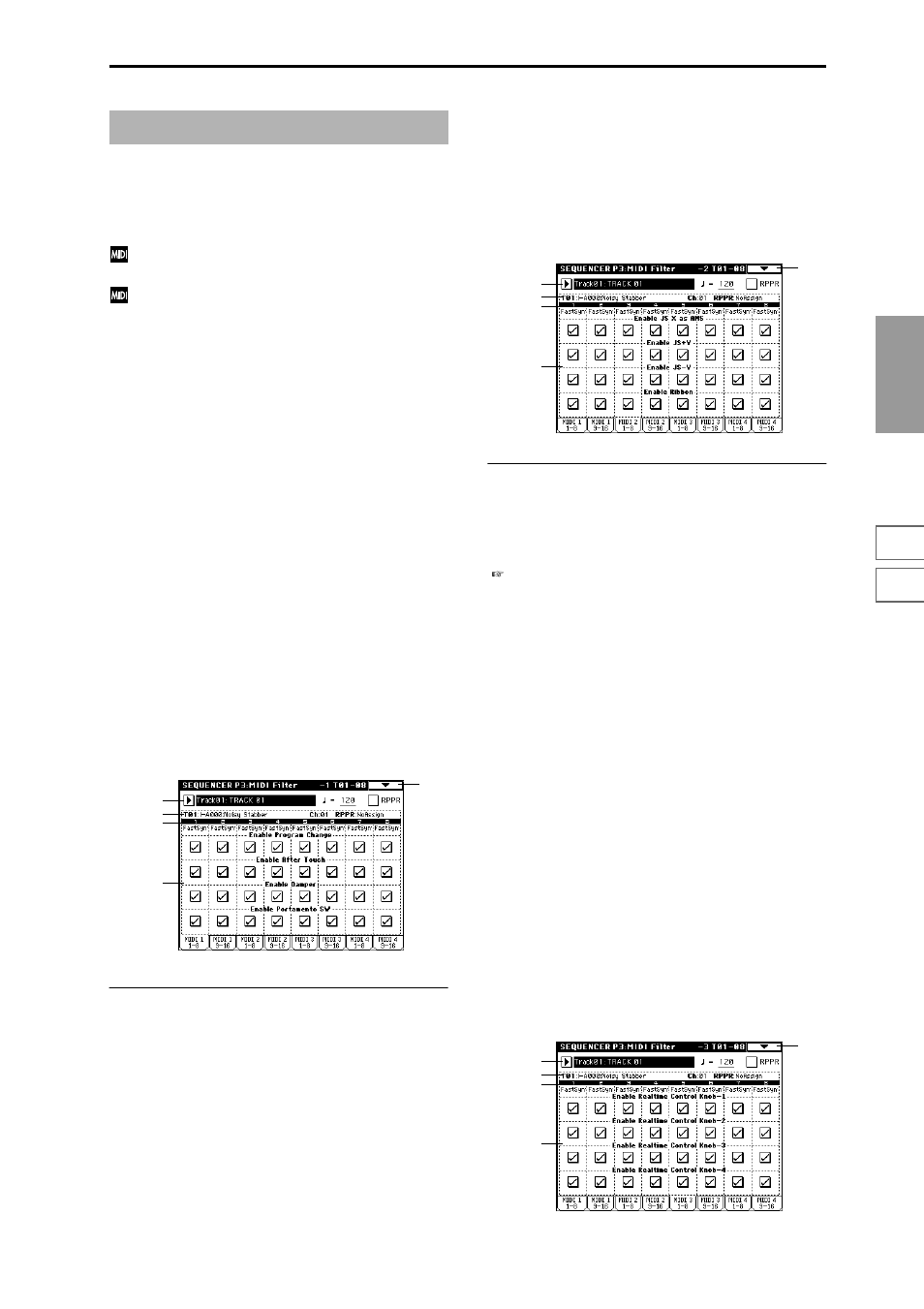 Sequencer p3: midi filter, 3–1: midi 1 1–8 (midi filter –1 t01–08), 3–2: midi 1 9–16 (midi filter –1 t09–16) | 3–3: midi 2 1–8 (midi filter –2 t01–08), 3–4: midi 2 9–16 (midi filter –2 t09–16), 3–5: midi 3 1–8 (midi filter –3 t01–08), 3–6: midi 3 9–16 (midi filter –3 t09–16), 3–1: midi 1 1–8, Program changes, aftertouch etc, 3–2: midi 1 9–16 | KORG Triton Studio User Manual | Page 76 / 322