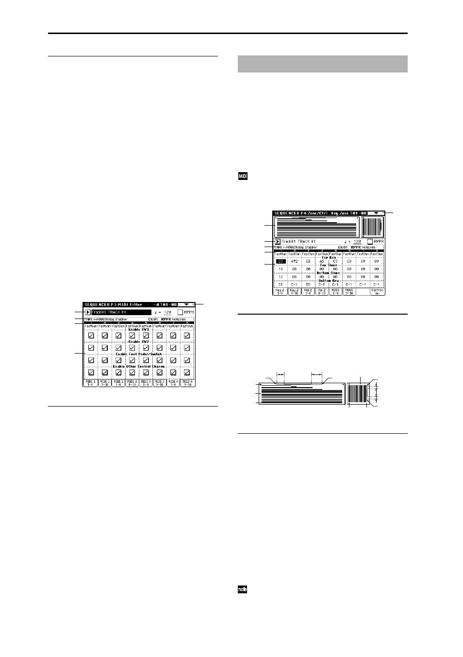 3–7: midi 4 1–8 (midi filter –4 t01–08), 3–8: midi 4 9–16 (midi filter –4 t09–16), Sequencer p4: zone/ctrl | 4–1: key z 1–8 (key zone t01–08), 4–2: key z 9–16 (key zone t09–16), 3–7: midi 4 1–8, Sw1/2, foot controller etc, 3–8: midi 4 9–16, 4–1: key z 1–8, Specify the range of keys sounded by each | KORG Triton Studio User Manual | Page 77 / 322