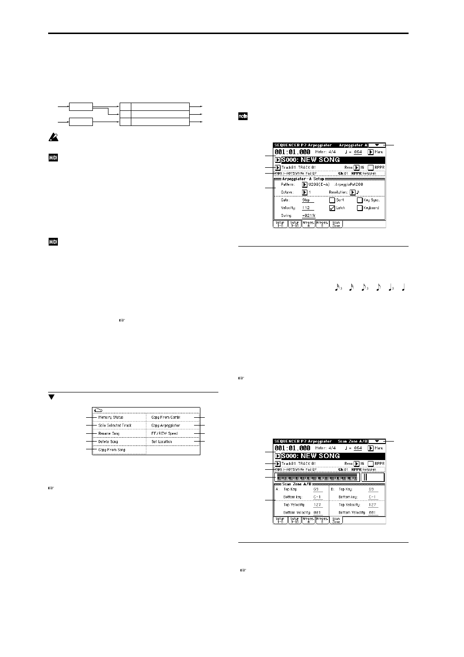 7–3: arpegg. a (arpeggiator a), 7–4: arpegg. b (arpeggiator b), 7–5: scan zone (scan zone a/b) | 7–3: arpegg. a, Select an arpeggio pattern and make, 7–4: arpegg. b, 7–5: scan zone, Specify the range of notes and velocities, Arpeggiator a), Arpeggiator b) | KORG Triton Studio User Manual | Page 93 / 322