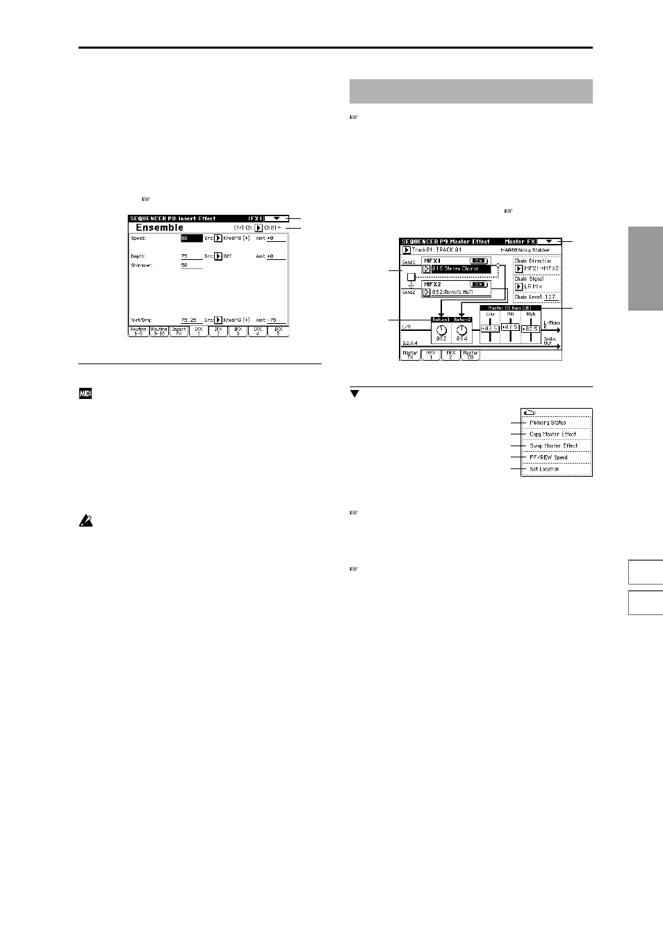 8–4: ifx 1, 8–5: ifx 2, 8–6: ifx 3 | 8–7: ifx 4, 8–8: ifx 5, Sequencer p9: master effect, 9–1: master fx, Parameter settings for ifx1, Parameter settings for ifx2, Parameter settings for ifx3 | KORG Triton Studio User Manual | Page 96 / 322