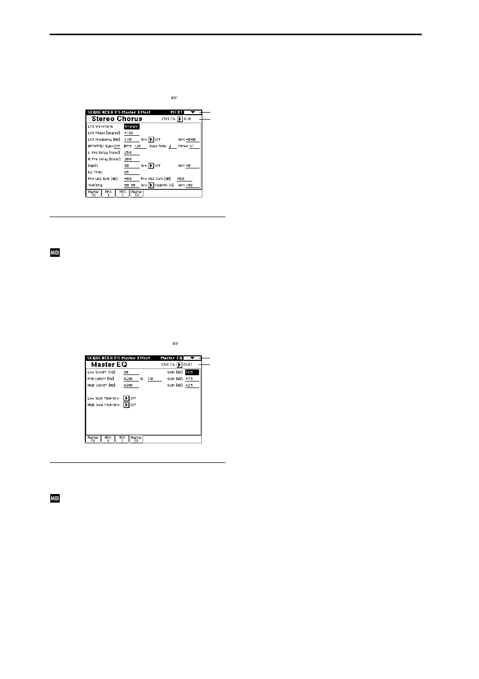 9–2: mfx 1, 9–3: mfx 2, 9–4: master eq | Parameter settings for mfx1, Parameter settings for mfx2, Parameter settings for master eq | KORG Triton Studio User Manual | Page 97 / 322