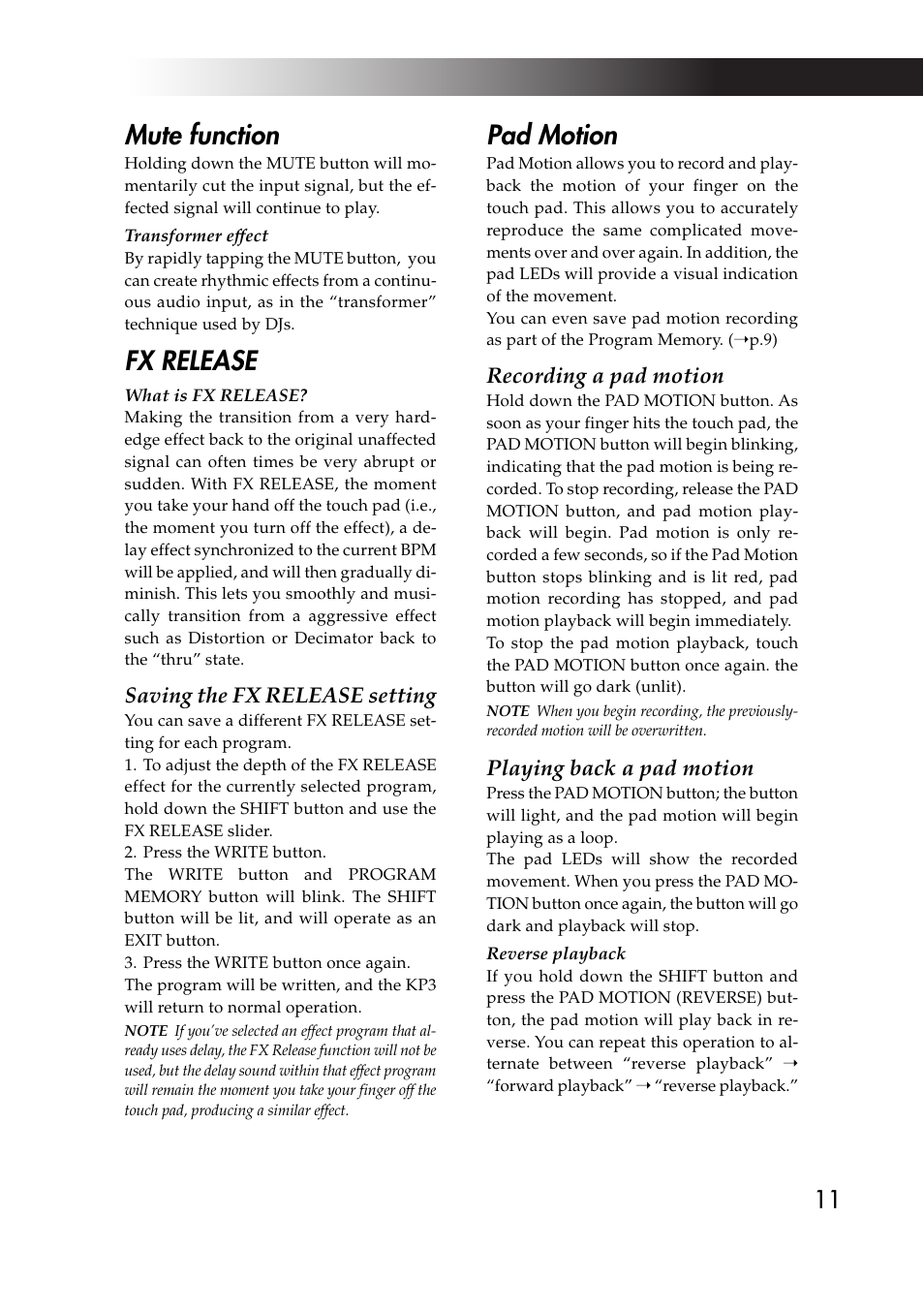 Mute function, Fx release, Pad motion | Saving the fx release setting, Recording a pad motion, Playing back a pad motion | KORG KAOSS PAD KP3 User Manual | Page 10 / 75