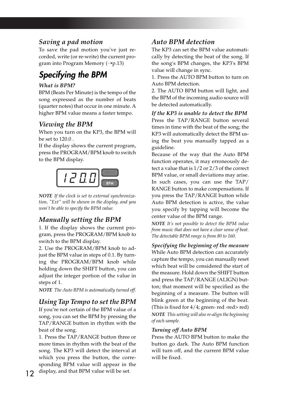 Specifying the bpm, Saving a pad motion, Viewing the bpm | Manually setting the bpm, Using tap tempo to set the bpm, Auto bpm detection | KORG KAOSS PAD KP3 User Manual | Page 11 / 75