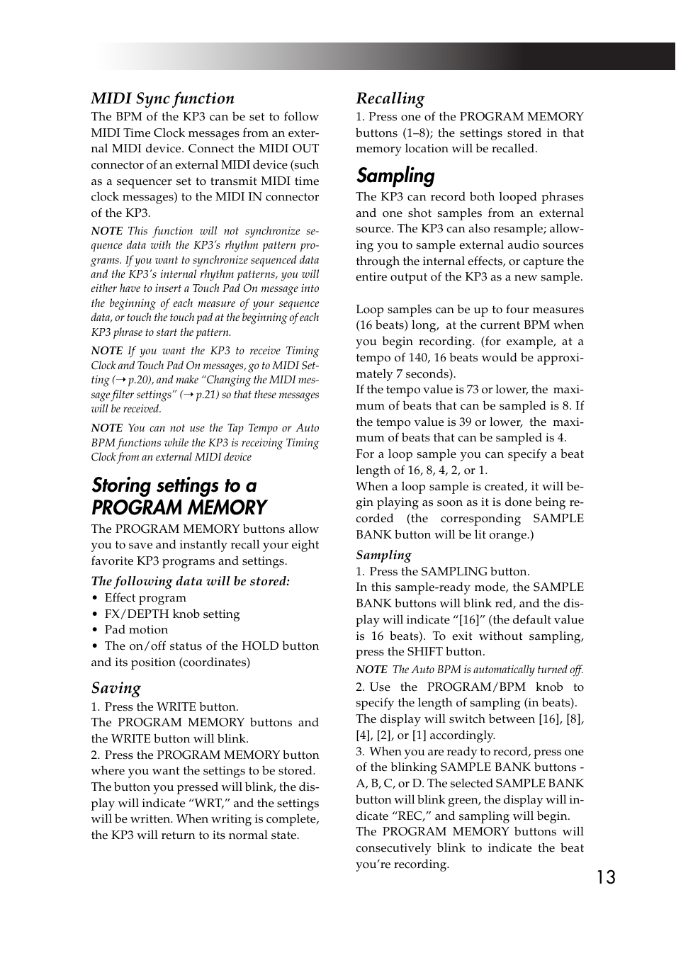 Sampling, Midi sync function, Saving | Recalling | KORG KAOSS PAD KP3 User Manual | Page 12 / 75