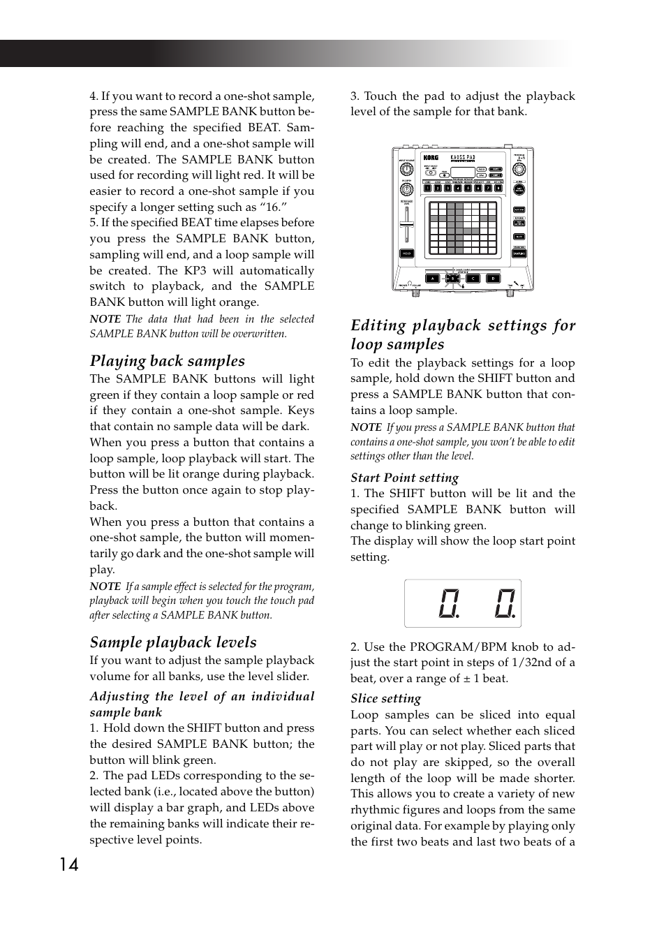 Playing back samples, Sample playback levels, Editing playback settings for loop samples | KORG KAOSS PAD KP3 User Manual | Page 13 / 75