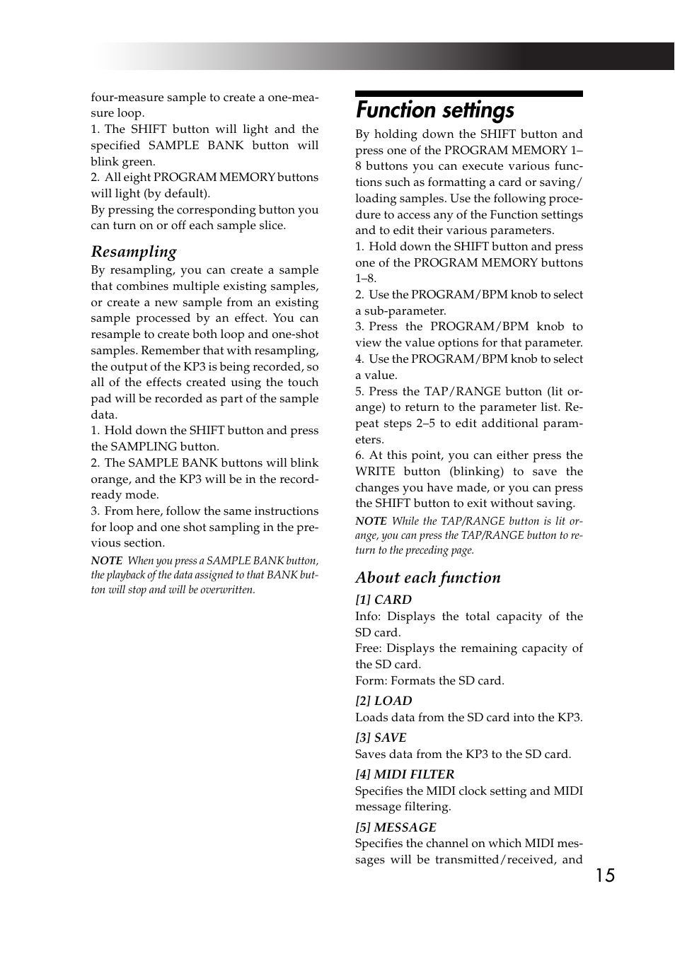 Function settings, Resampling, About each function | KORG KAOSS PAD KP3 User Manual | Page 14 / 75