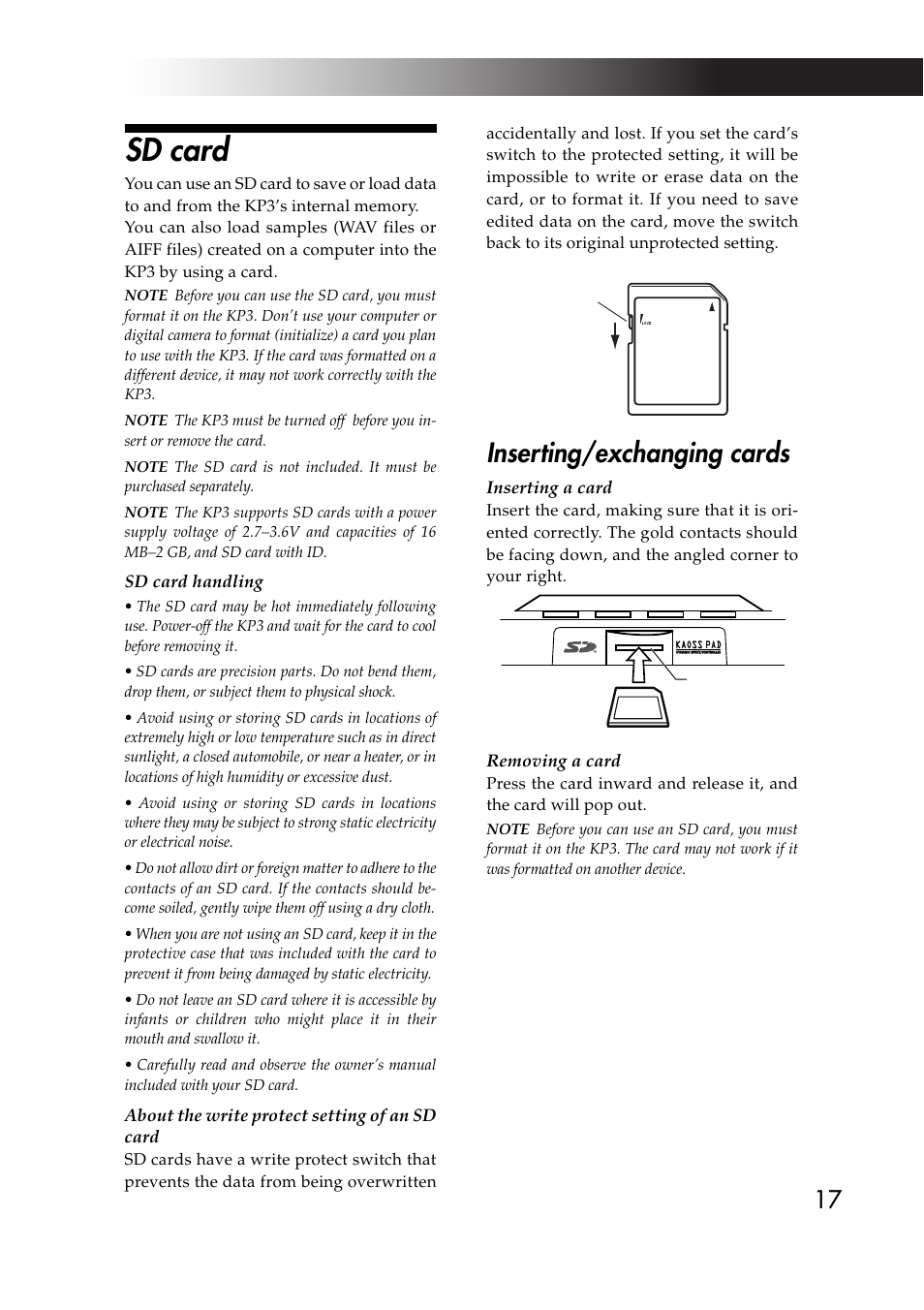 Sd card, Inserting/exchanging cards | KORG KAOSS PAD KP3 User Manual | Page 16 / 75