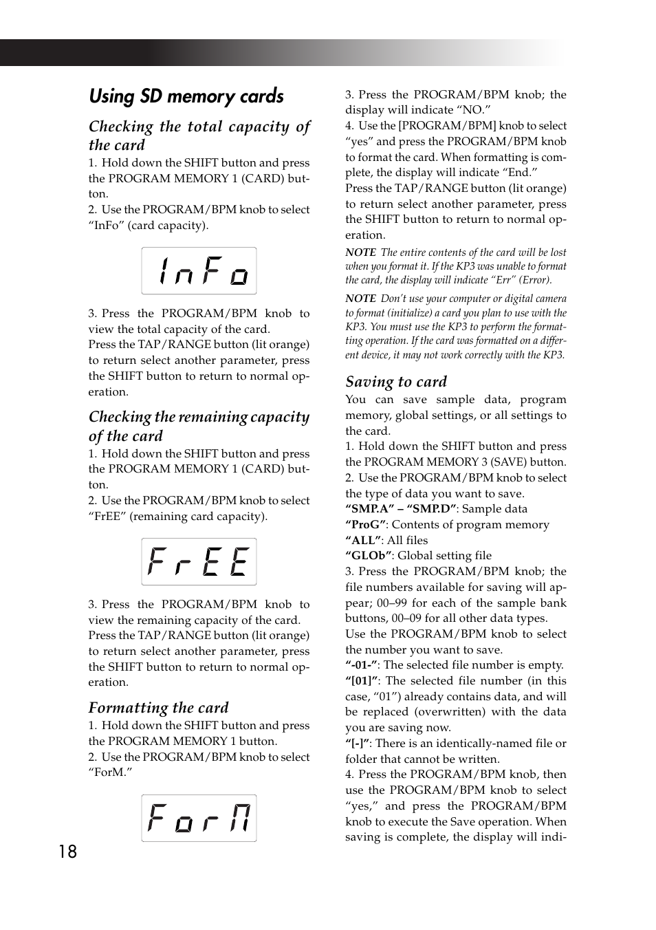 Checking the total capacity of the card, Checking the remaining capacity of the card, Formatting the card | Saving to card | KORG KAOSS PAD KP3 User Manual | Page 17 / 75