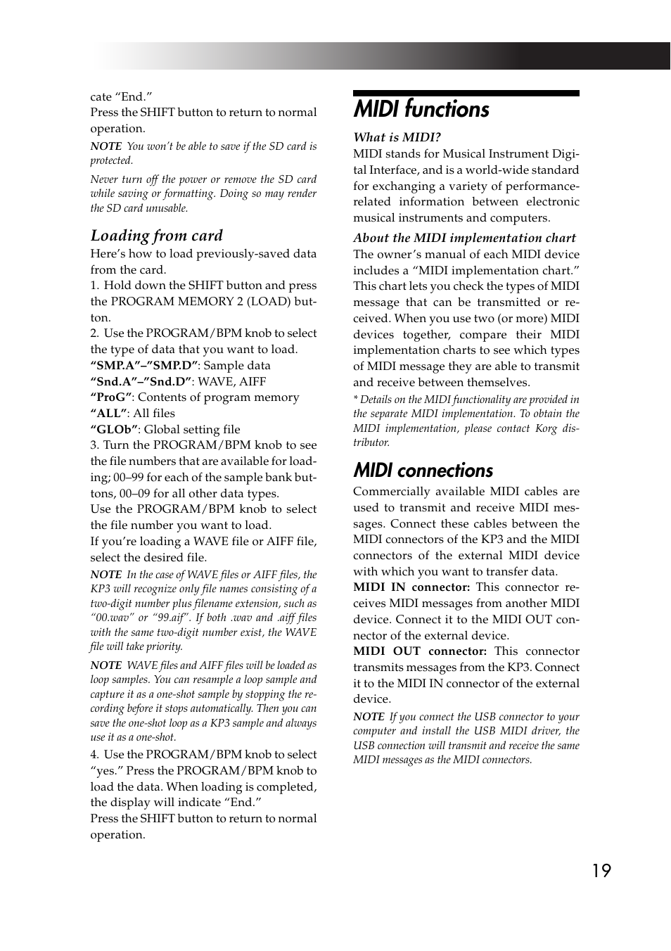 Midi functions, Midi connections, Loading from card | KORG KAOSS PAD KP3 User Manual | Page 18 / 75