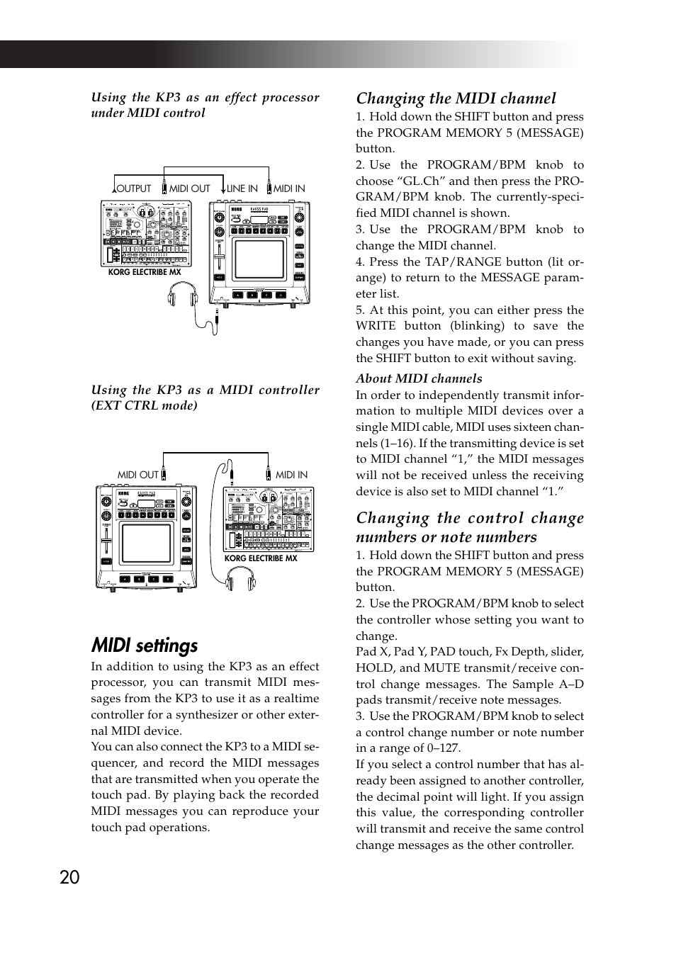 Midi settings, Changing the midi channel | KORG KAOSS PAD KP3 User Manual | Page 19 / 75