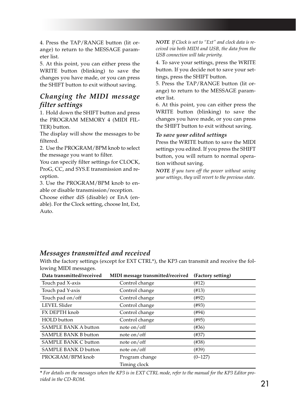 Changing the midi message filter settings, Messages transmitted and received | KORG KAOSS PAD KP3 User Manual | Page 20 / 75