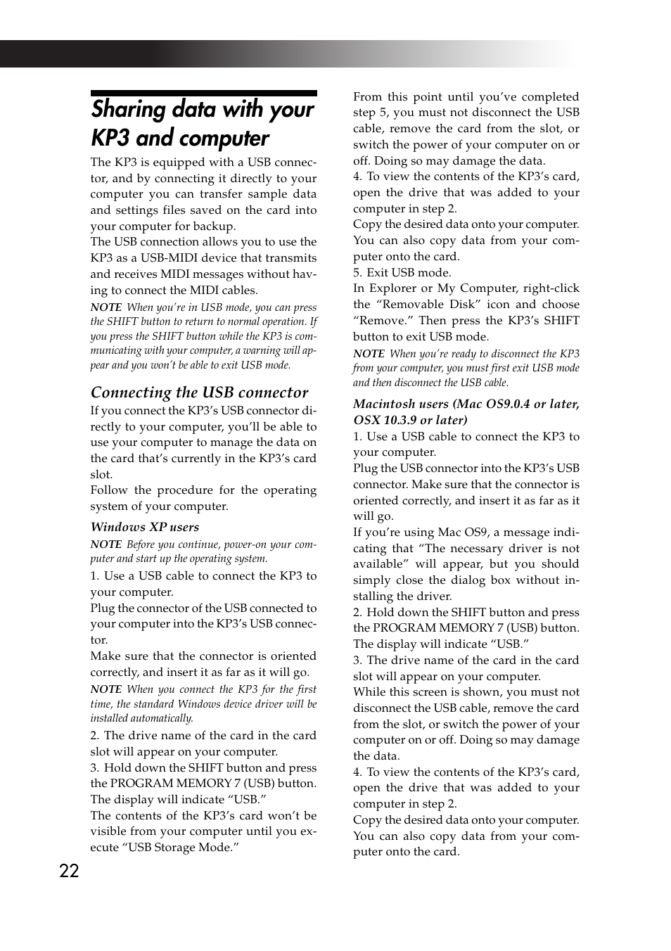 Sharing data with your kp3 and computer, Connecting the usb connector | KORG KAOSS PAD KP3 User Manual | Page 21 / 75