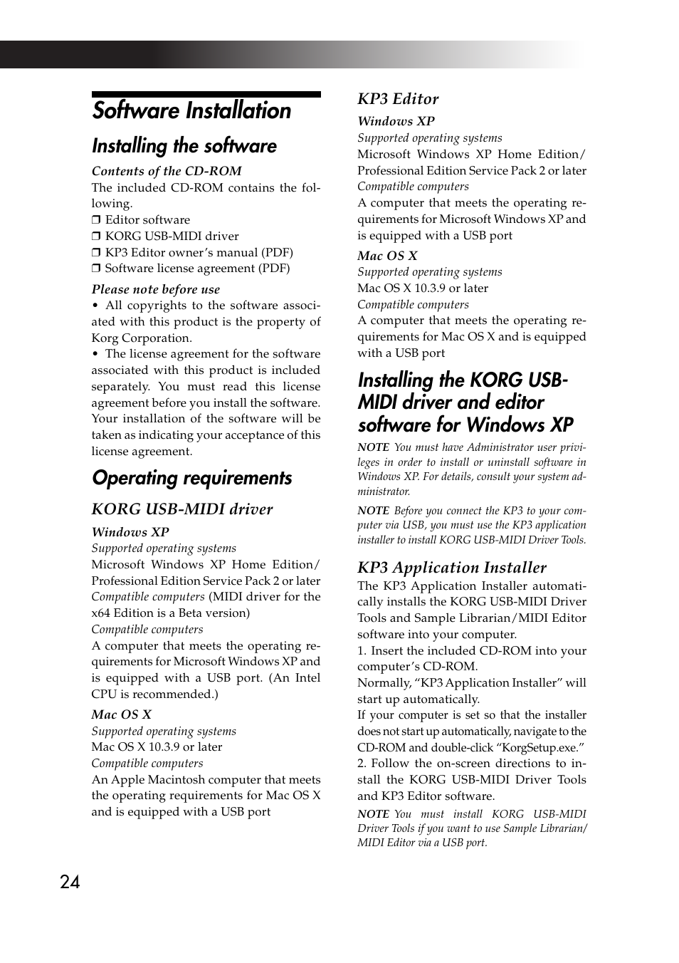 Software installation, Installing the software, Operating requirements | KORG KAOSS PAD KP3 User Manual | Page 23 / 75