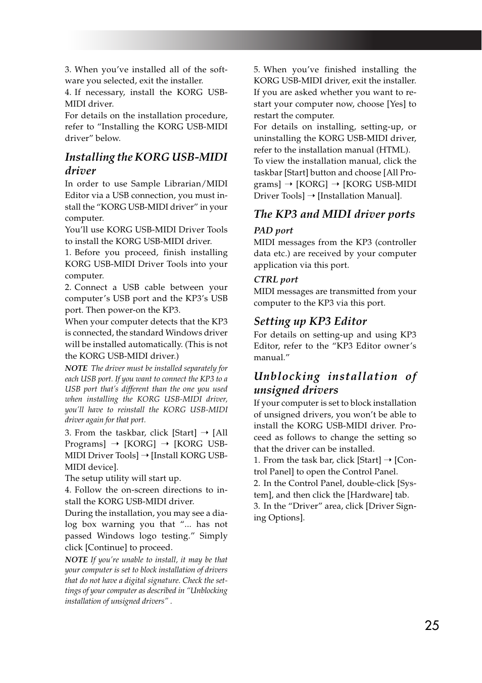 Installing the korg usb-midi driver, The kp3 and midi driver ports, Setting up kp3 editor | Unblocking installation of unsigned drivers | KORG KAOSS PAD KP3 User Manual | Page 24 / 75