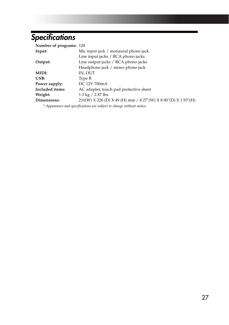 Specifications | KORG KAOSS PAD KP3 User Manual | Page 26 / 75