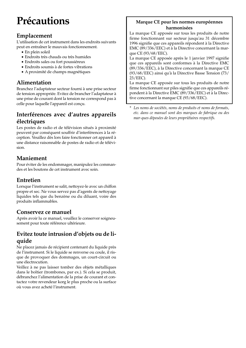 Français, Précautions, Emplacement | Alimentation, Interférences avec d’autres appareils électriques, Maniement, Entretien, Conservez ce manuel, Evitez toute intrusion d’objets ou de li- quide | KORG KAOSS PAD KP3 User Manual | Page 27 / 75