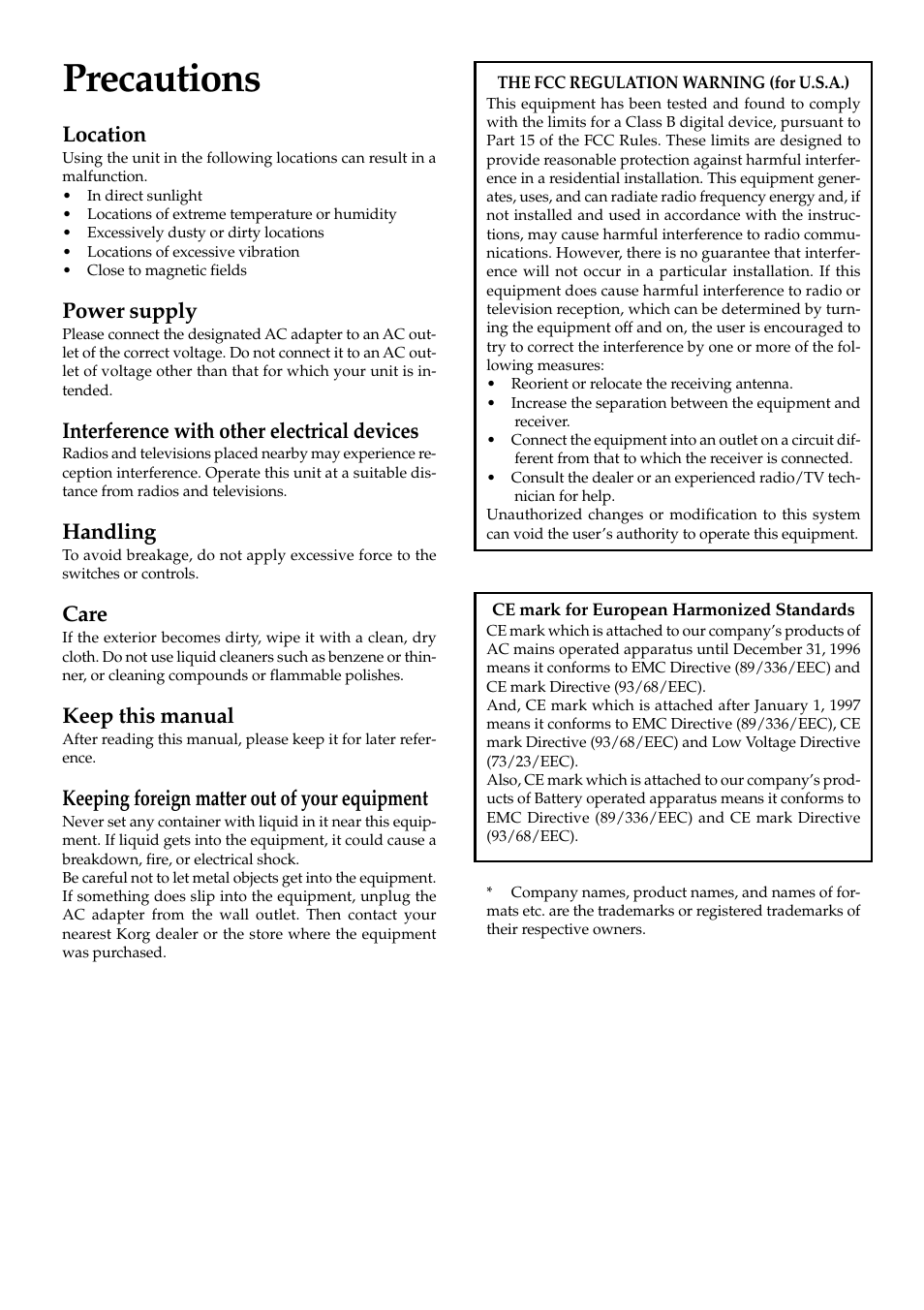 English, Precautions, Location | Power supply, Interference with other electrical devices, Handling, Care, Keep this manual, Keeping foreign matter out of your equipment | KORG KAOSS PAD KP3 User Manual | Page 3 / 75