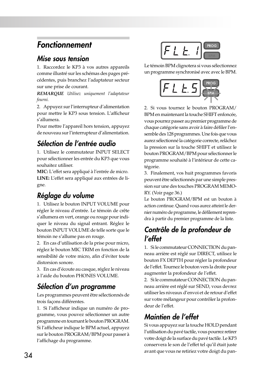 Fonctionnement, Mise sous tension, Sélection de l’entrée audio | Réglage du volume, Sélection d’un programme, Contrôle de la profondeur de l’effet, Maintien de l’effet | KORG KAOSS PAD KP3 User Manual | Page 33 / 75