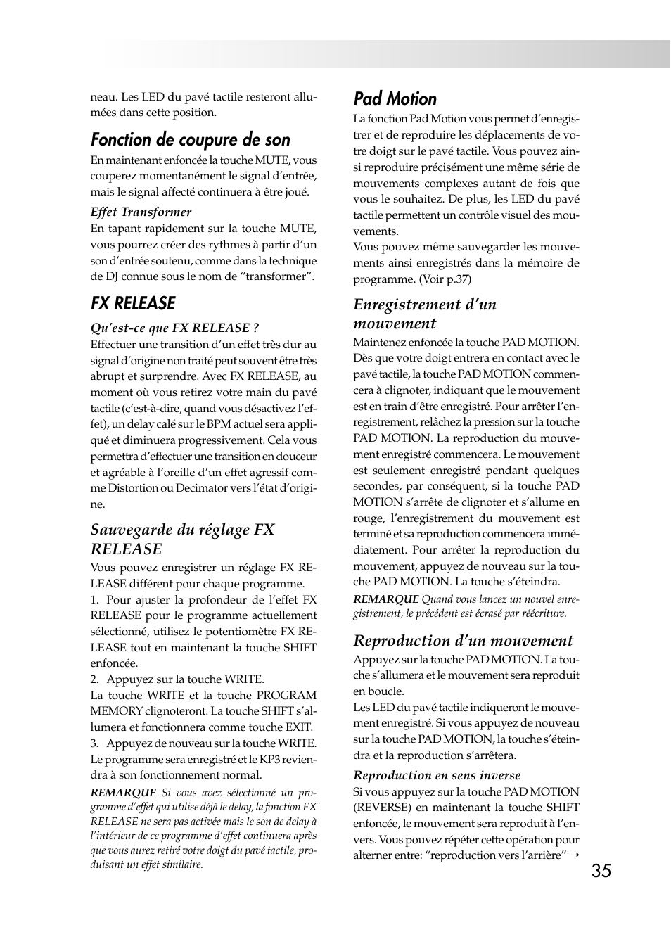 Fonction de coupure de son, Fx release, Pad motion | Sauvegarde du réglage fx release, Enregistrement d’un mouvement, Reproduction d’un mouvement | KORG KAOSS PAD KP3 User Manual | Page 34 / 75