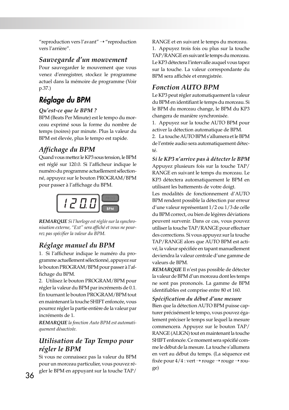 Réglage du bpm, Sauvegarde d’un mouvement, Affichage du bpm | Réglage manuel du bpm, Utilisation de tap tempo pour régler le bpm, Fonction auto bpm | KORG KAOSS PAD KP3 User Manual | Page 35 / 75