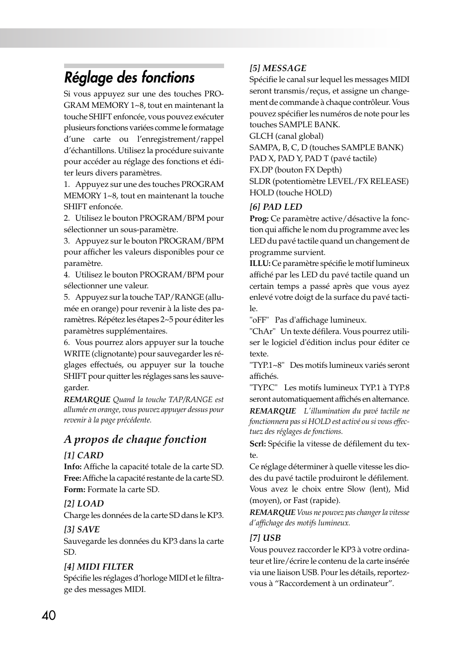 Réglage des fonctions, A propos de chaque fonction | KORG KAOSS PAD KP3 User Manual | Page 39 / 75