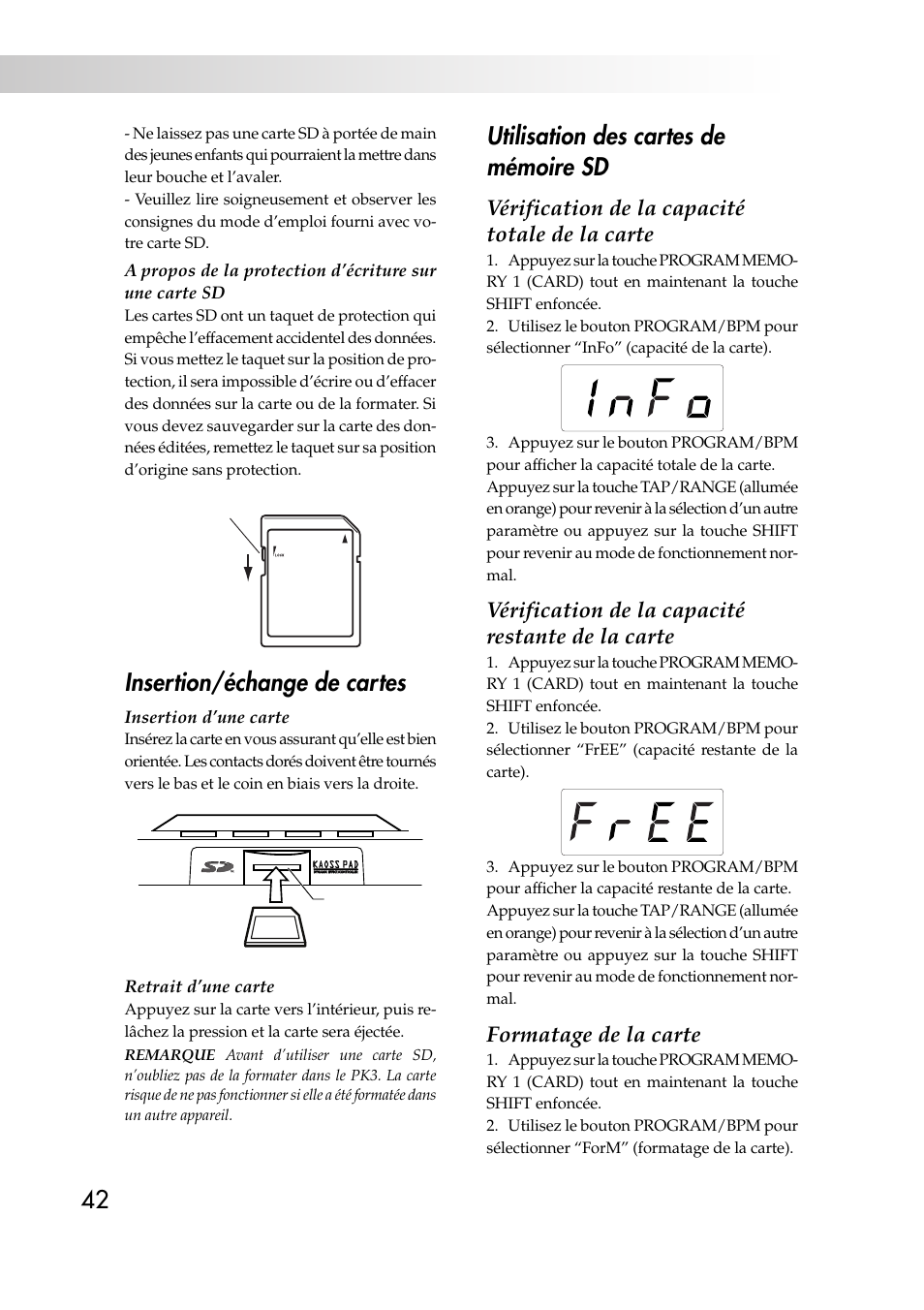 Insertion/échange de cartes, Utilisation des cartes de mémoire sd, Vérification de la capacité totale de la carte | Vérification de la capacité restante de la carte, Formatage de la carte | KORG KAOSS PAD KP3 User Manual | Page 41 / 75