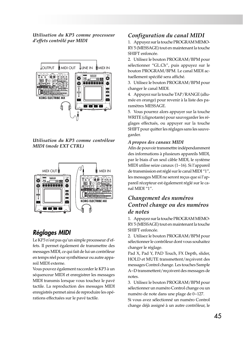 Réglages midi, Configuration du canal midi | KORG KAOSS PAD KP3 User Manual | Page 44 / 75