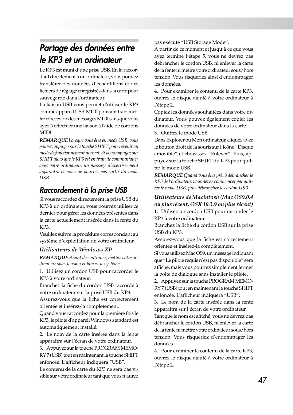 Partage des données entre le kp3 et un ordinateur, Raccordement à la prise usb | KORG KAOSS PAD KP3 User Manual | Page 46 / 75