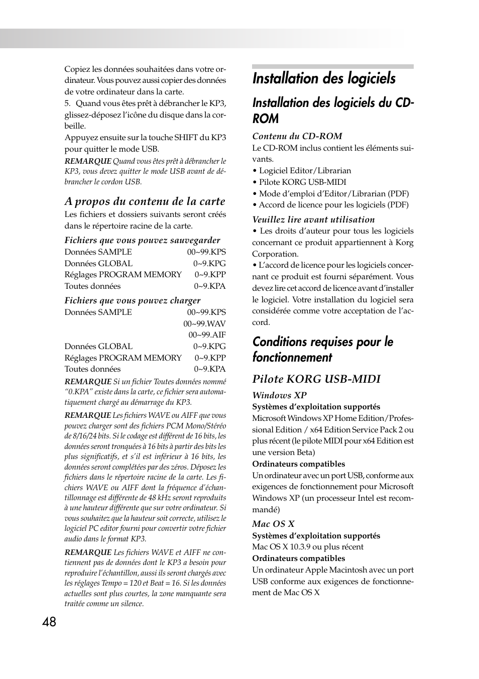 Installation des logiciels, Installation des logiciels du cd- rom, Conditions requises pour le fonctionnement | A propos du contenu de la carte, Pilote korg usb-midi | KORG KAOSS PAD KP3 User Manual | Page 47 / 75