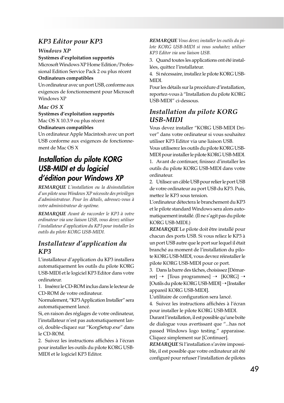 Kp3 editor pour kp3, Installateur d’application du kp3, Installation du pilote korg usb-midi | KORG KAOSS PAD KP3 User Manual | Page 48 / 75