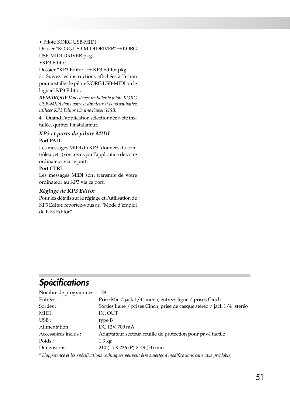 Spécifications | KORG KAOSS PAD KP3 User Manual | Page 50 / 75