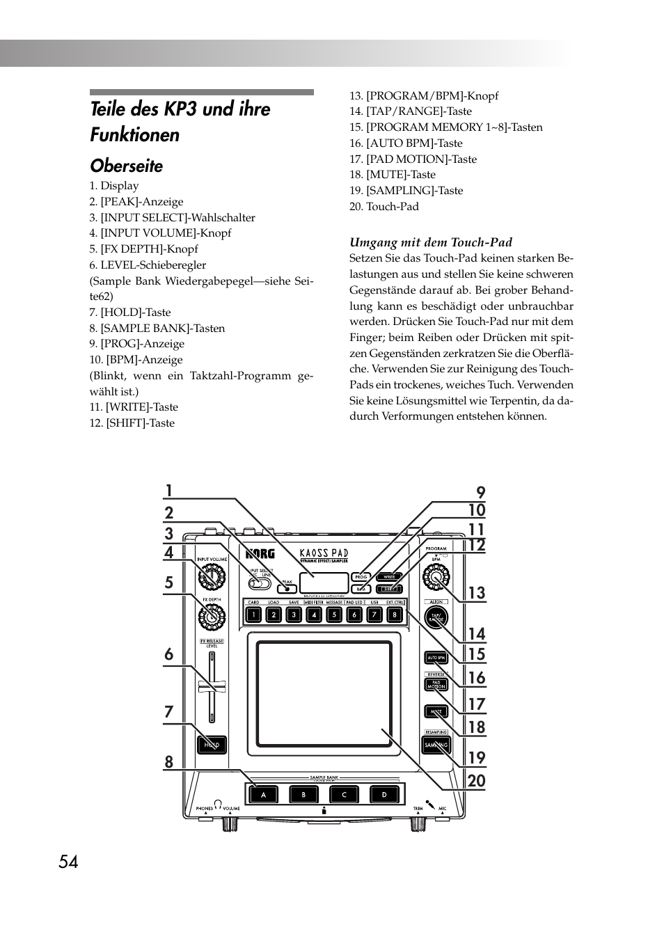 Teile des kp3 und ihre funktionen, Oberseite | KORG KAOSS PAD KP3 User Manual | Page 53 / 75