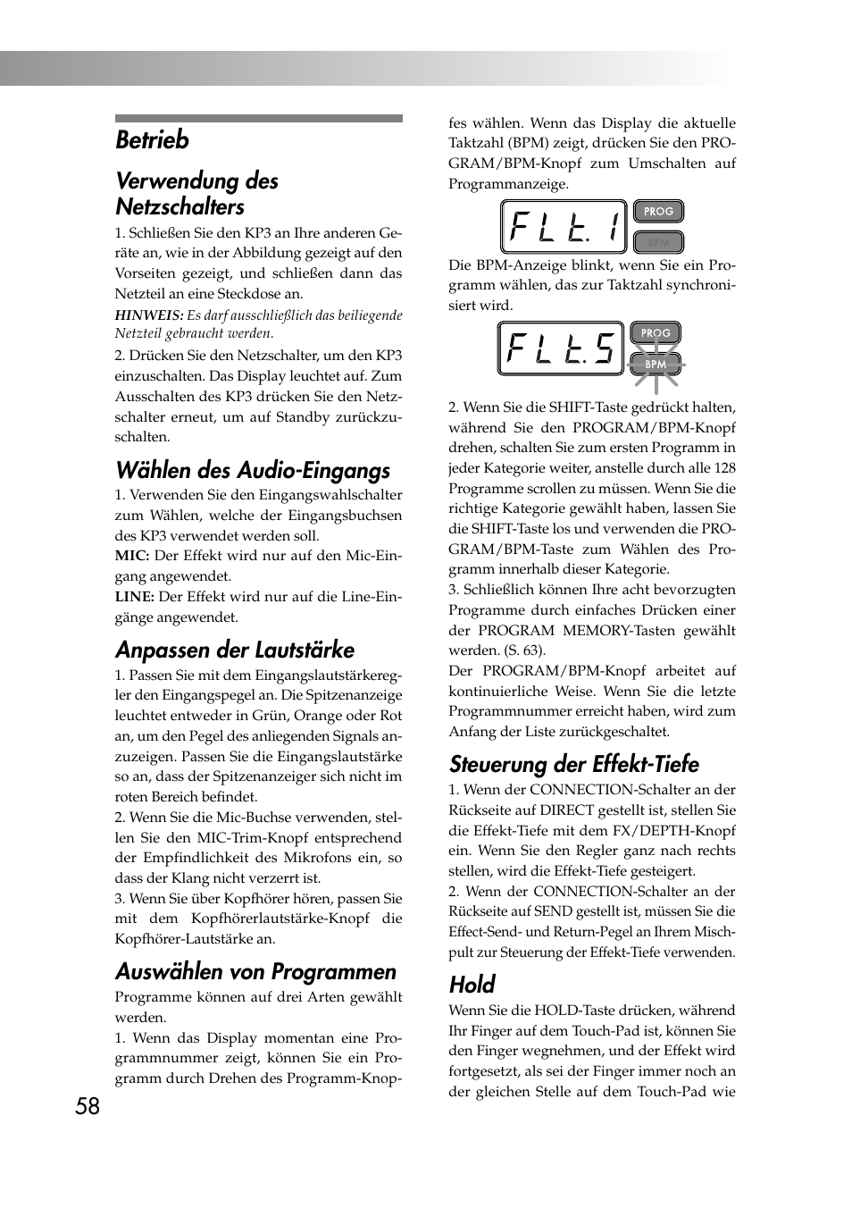 Betrieb, Verwendung des netzschalters, Wählen des audio-eingangs | Anpassen der lautstärke, Auswählen von programmen, Steuerung der effekt-tiefe, Hold | KORG KAOSS PAD KP3 User Manual | Page 57 / 75