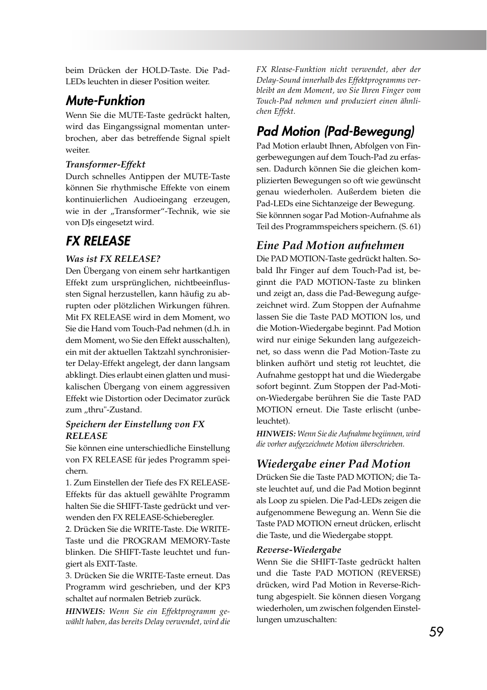 Mute-funktion, Fx release, Pad motion (pad-bewegung) | Eine pad motion aufnehmen, Wiedergabe einer pad motion | KORG KAOSS PAD KP3 User Manual | Page 58 / 75