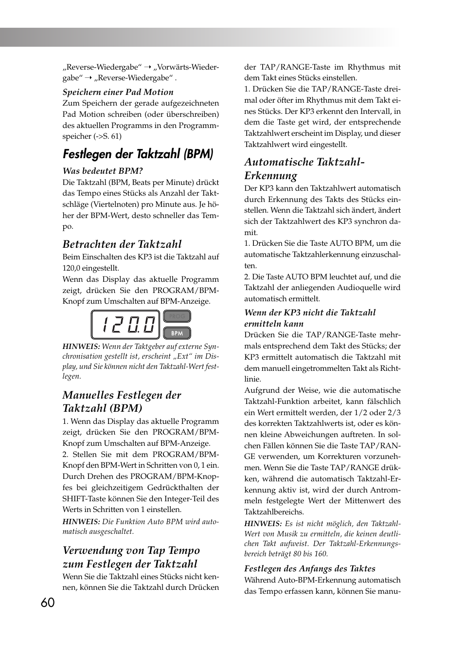 Festlegen der taktzahl (bpm), Betrachten der taktzahl, Manuelles festlegen der taktzahl (bpm) | Automatische taktzahl- erkennung | KORG KAOSS PAD KP3 User Manual | Page 59 / 75