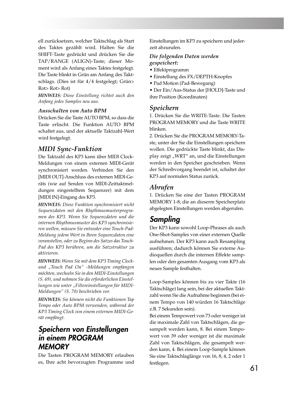 Sampling, Midi sync-funktion, Speichern | Abrufen | KORG KAOSS PAD KP3 User Manual | Page 60 / 75