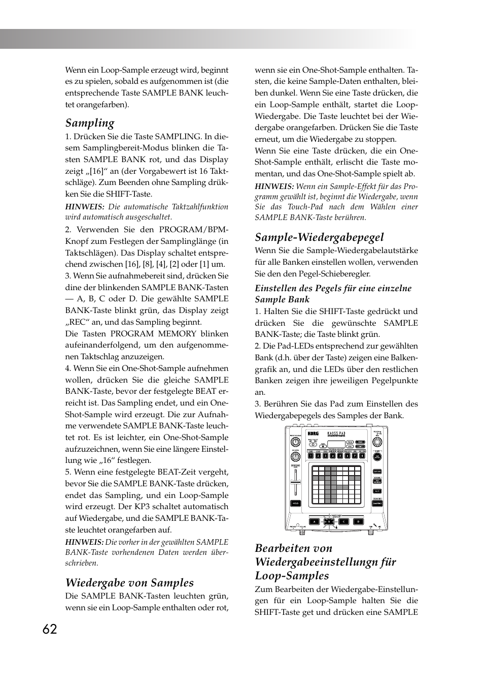 Sampling, Wiedergabe von samples, Sample-wiedergabepegel | KORG KAOSS PAD KP3 User Manual | Page 61 / 75