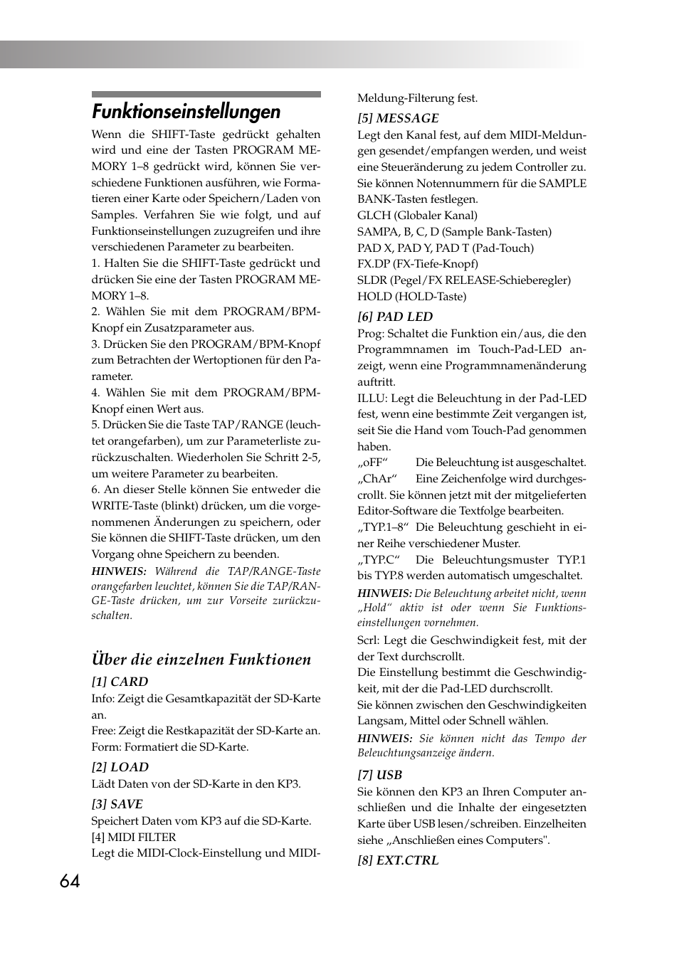 Funktionseinstellungen, Über die einzelnen funktionen | KORG KAOSS PAD KP3 User Manual | Page 63 / 75