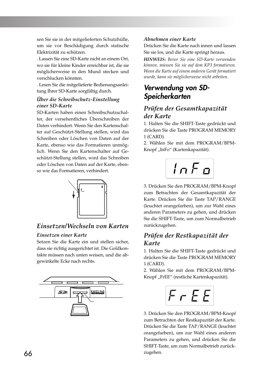 Verwendung von sd- speicherkarten, Einsetzen/wechseln von karten, Prüfen der gesamtkapazität der karte | Prüfen der restkapazität der karte | KORG KAOSS PAD KP3 User Manual | Page 65 / 75